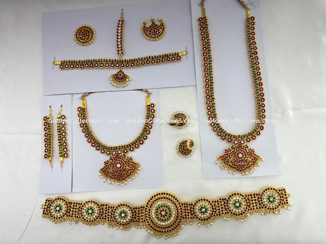 Traditional South Indian Kemp stone temple necklace and Jhumka earrings