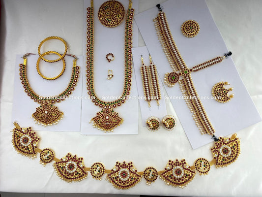 Kemp stone classical dance jewelry for kids and women”
Temple-style Bharatanatyam jewelry for Arangetram and stage shows