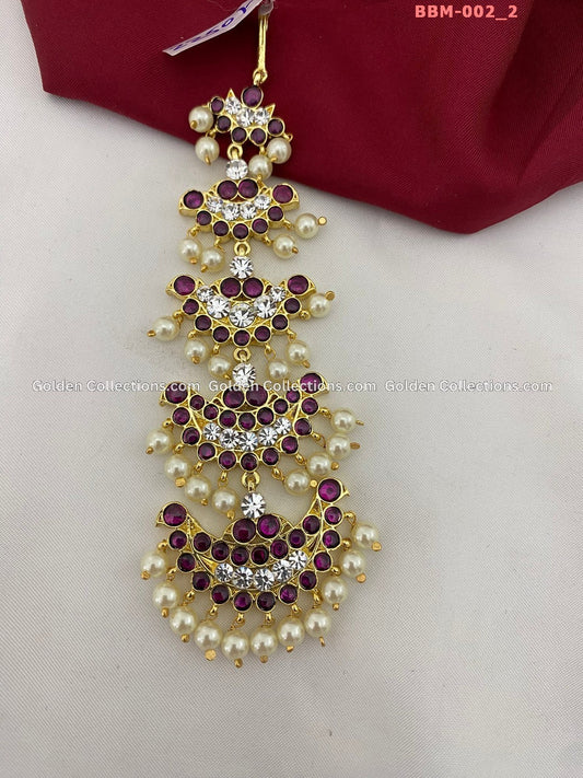 Bharatanatyam Kemp Nettichutti South Indian Jewelry Color: White & Kemp Stones Style: Maang Tikka Image 2