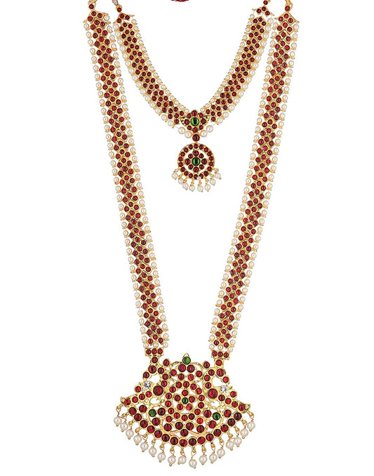 Bharatanatyam Kempu Temple Necklace Dance Set With Earring