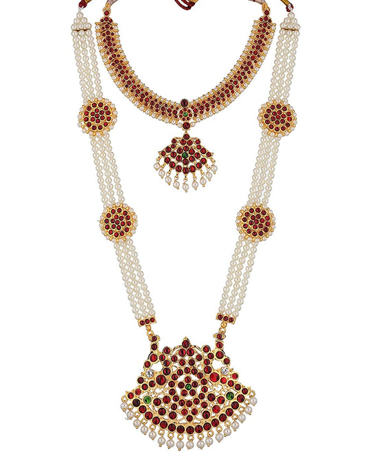 Bharatanatyam Majestic Pearls Necklace Haram Set Golden Collections
