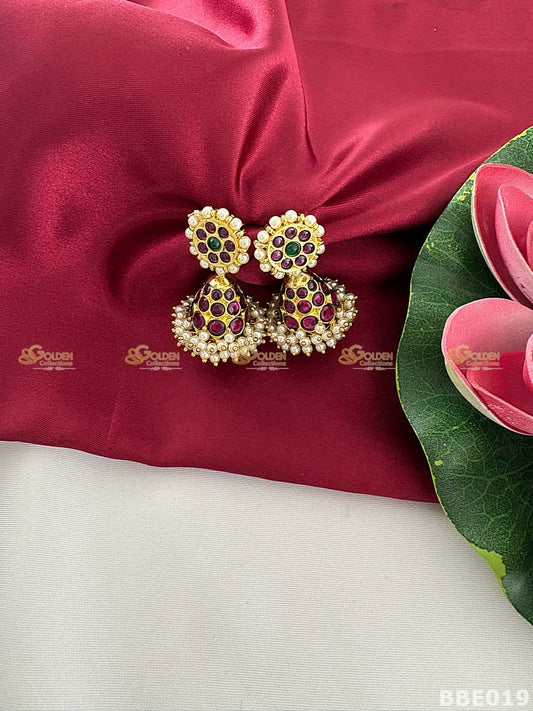 Kemp jhumka earrings Bharatanatyam temple jewellery round stud jhumki with pearl drops-BBE019