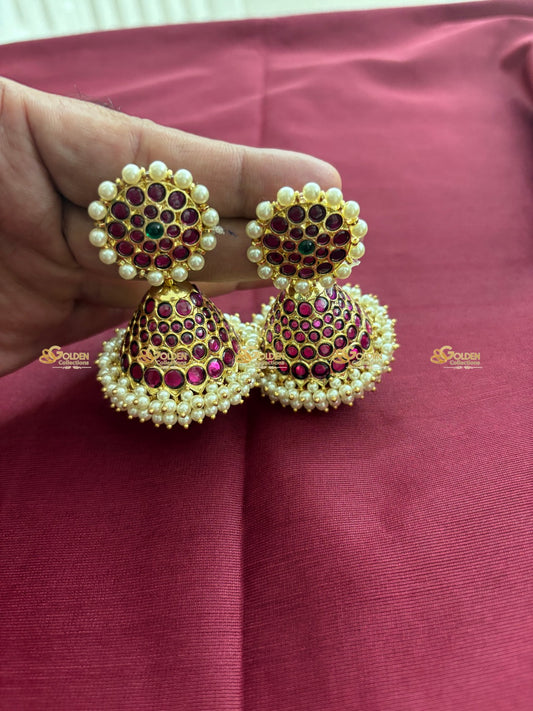 Kemp Jhumka Earrings with Pearl Border for Bharatanatyam & Kuchipudi – Traditional Temple Jewellery