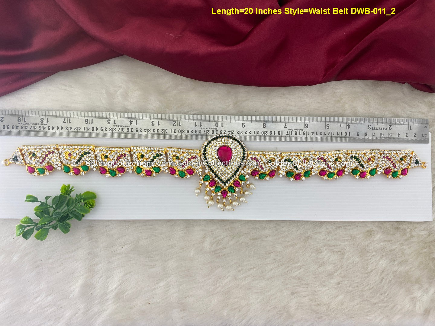 Deity Vaddanam Waist Belt for Varalakshmi / Goddess Idol with Stone Work DWB-011 deity vaddanam waist belt measurement photo showing visible belt length reference