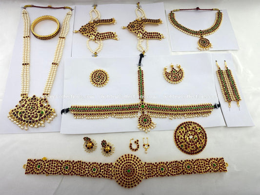 Bharatanatyam Jewellery Set BDS-016 with Kemp stones – complete classical dance temple jewellery ornaments BY GOLDENCOLLECTIONS