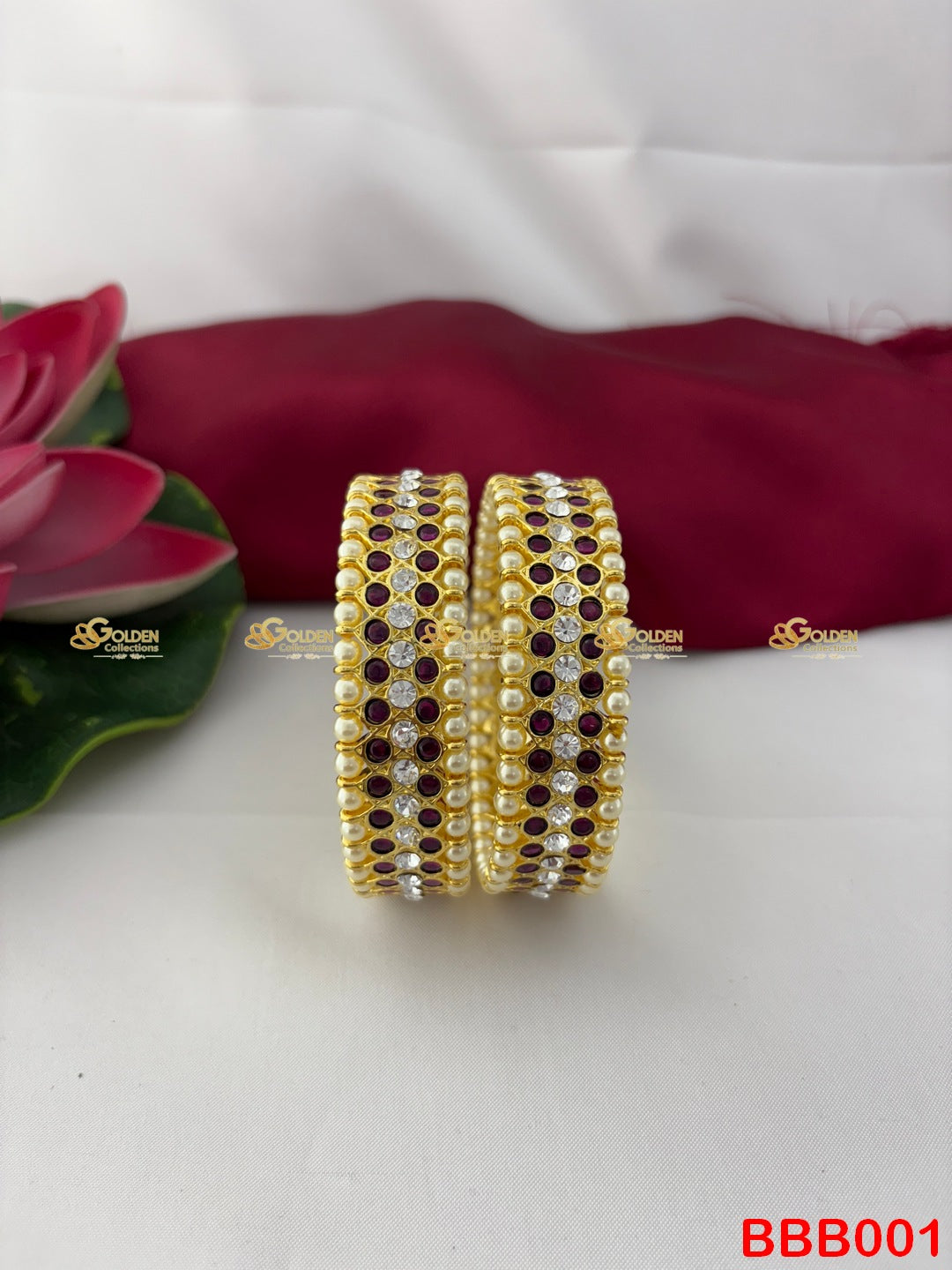 Traditional Kemp Bangles with Red and White Stones-2