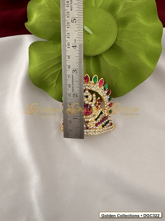 Angled view of Small Round Arch Deity Crown Kireedam Pink Green Stones 2.5 x 3.5 x 2.5 inches DGC322 from Golden Collections