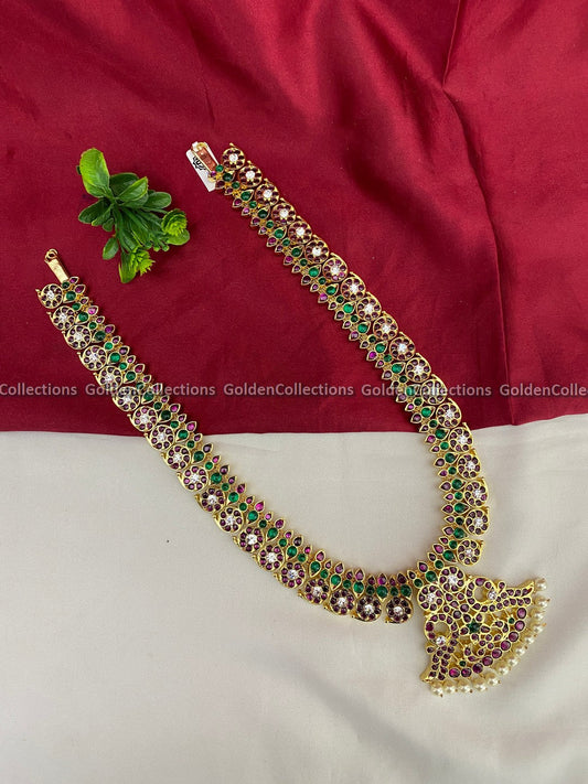 Beautiful Bharatanatyam Long Necklace With Kemp Stones Color: Kemp Style: Kemp Short Necklace Image 2