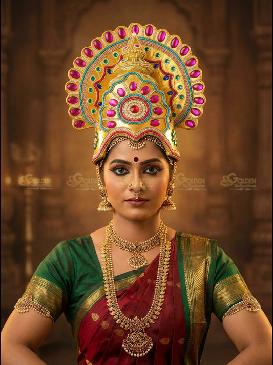 Golden Collections Drama Crown - Model wearing gold plated crown with traditional saree in cultural setting.