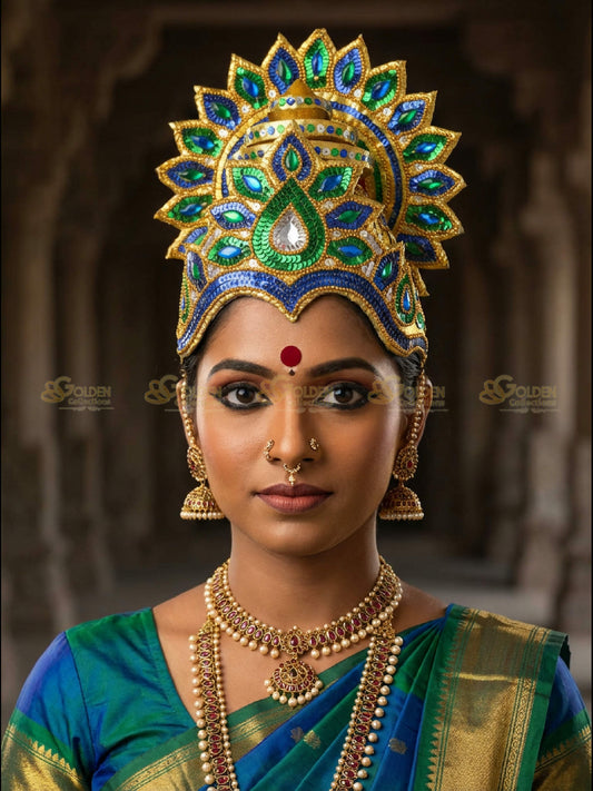 Golden Collections Drama Crown - Model in traditional attire showcasing gold plated crown in cultural setting