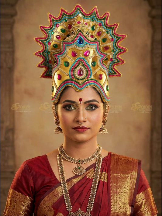 Golden Collections Drama Crown - Model displaying the crown with traditional attire in an elegant performance setting.