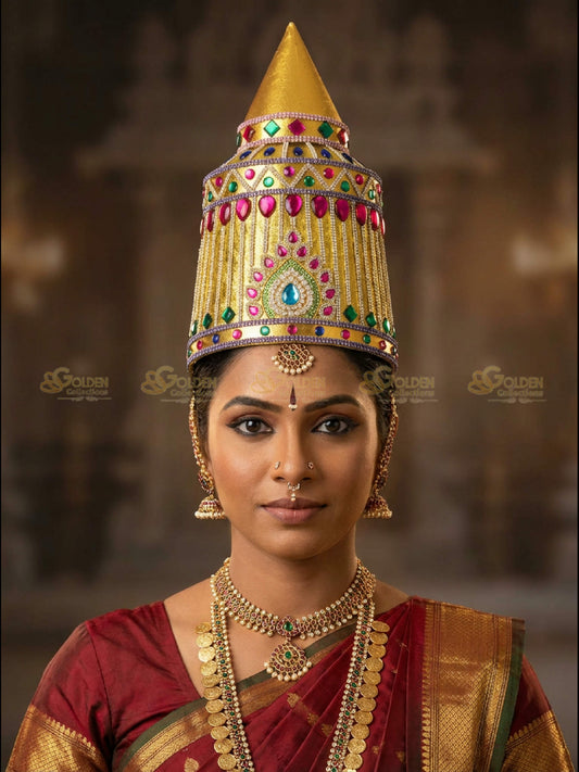 Golden Collections Gold Plated Drama Crown - Model showcasing crown with traditional attire in elegant performance setting.