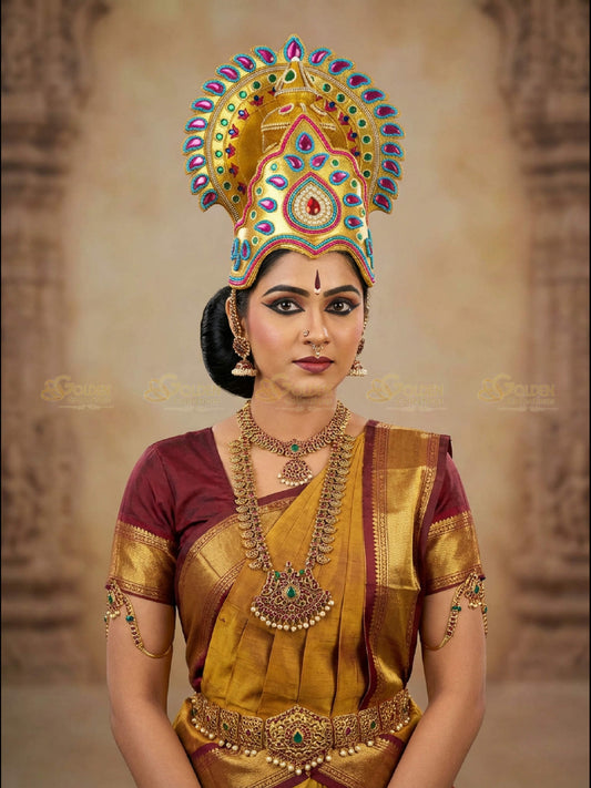 Golden Collections Exquisite Drama Crown - Model showcasing crown with elegant traditional saree in a cultural setting.