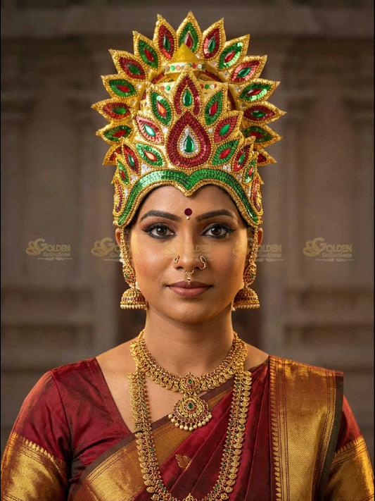 Golden Collections Drama Crown - Model wearing gold plated crown with traditional saree in cultural setting