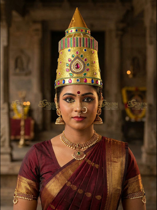 Golden Collections Gold Plated Drama Crown - Model wearing crown with traditional saree in vibrant temple setting.