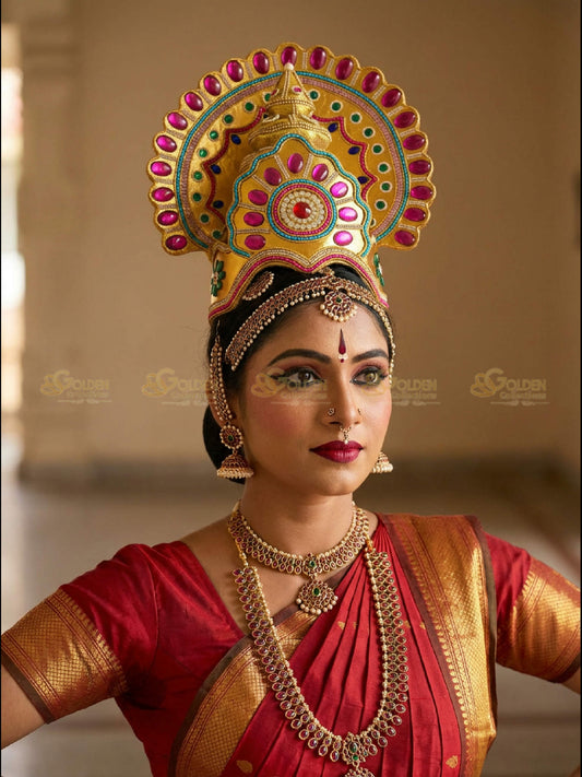 Golden Collections Authentic Finish Drama Crown - Model wearing crown with traditional attire in an elegant cultural setting.