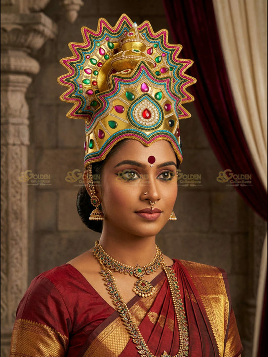 Golden Collections Gold Plated Drama Crown - Model showcasing crown with traditional attire in a historical setting.
