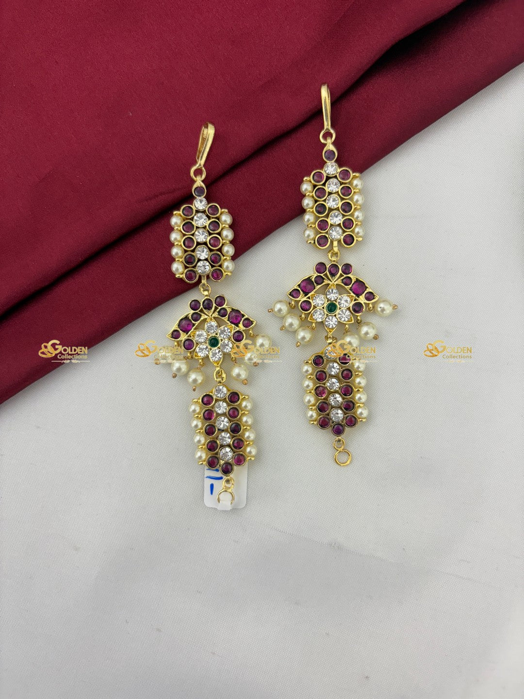 Kemp Ear Mattal – Traditional Bharatanatyam Ear Chain Jewelry with Red Stones