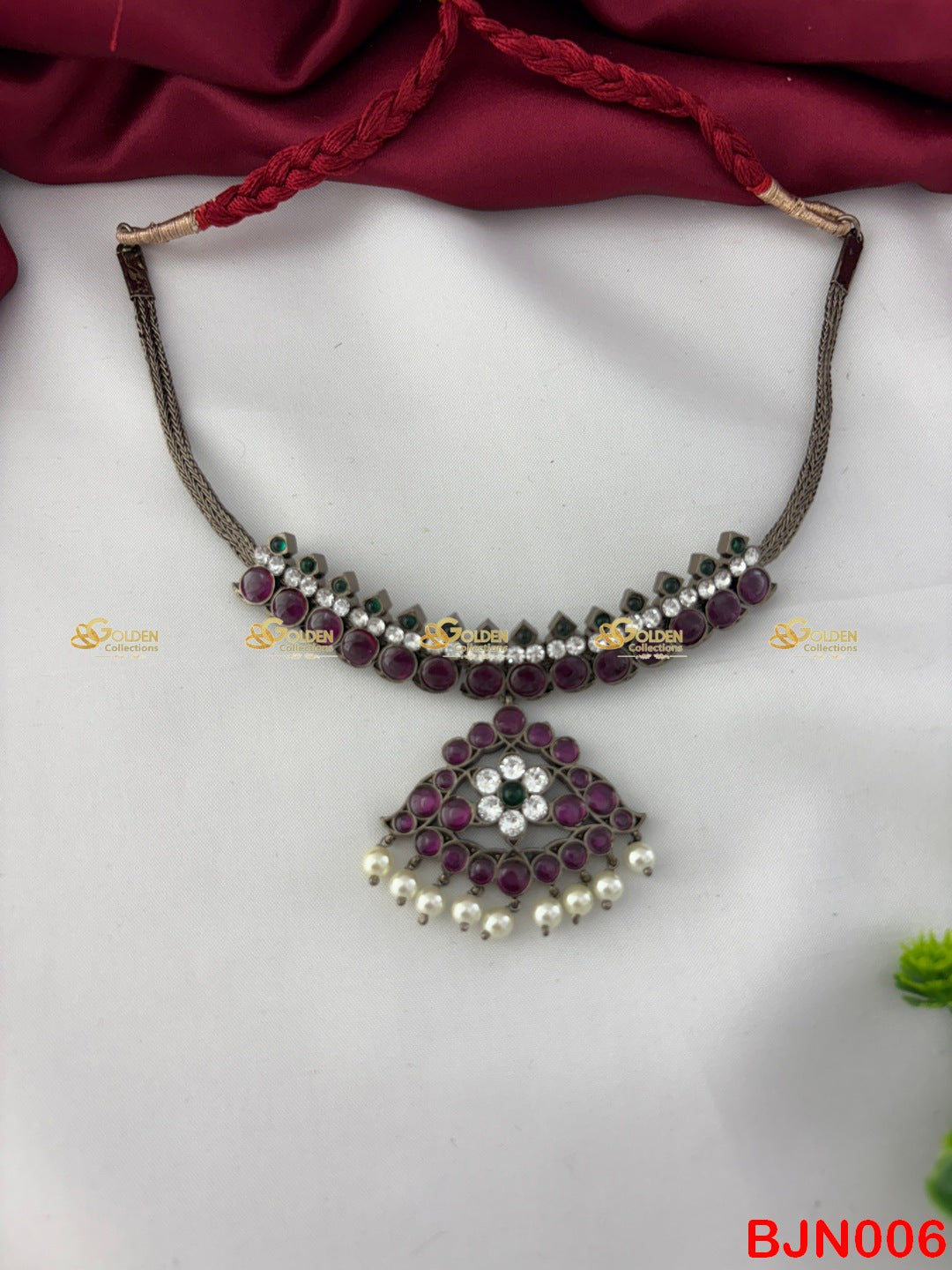 Bharatanatyam Kemp Necklace Black Polish | Temple Jewellery with Red Stones & Pearl Drops