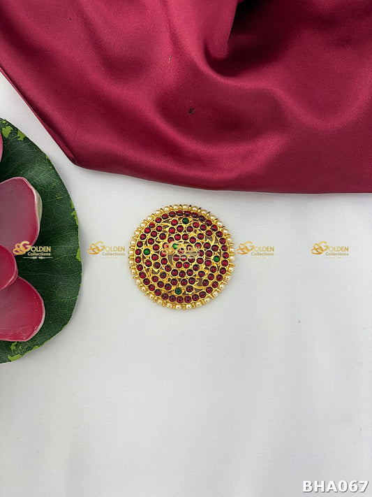 Bharatanatyam Kemp Rakodi circular hair ornament with red stones and gold