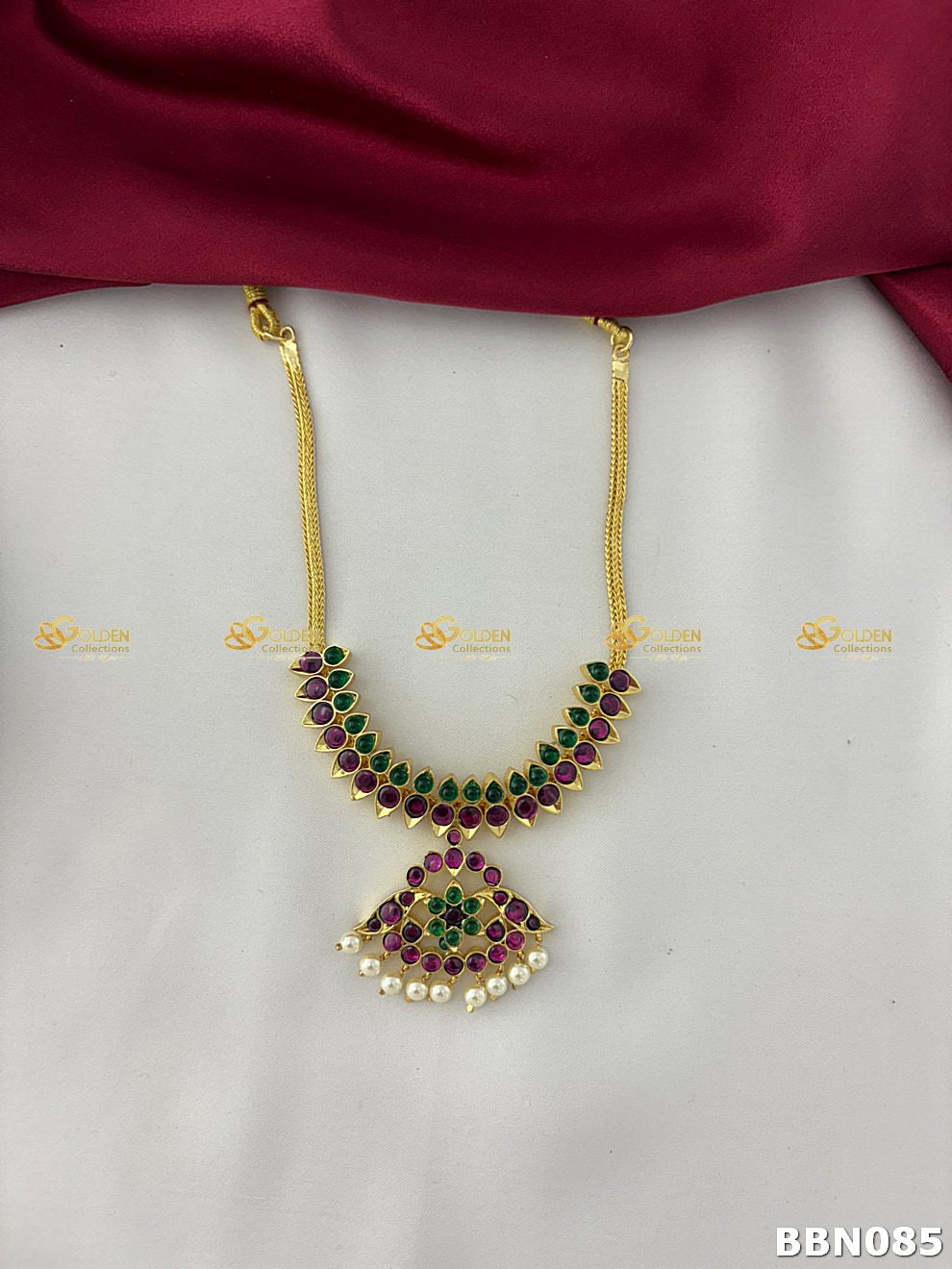 Bharatanatyam kemp short necklace with green and ruby stones and pearl drops on gold chainC