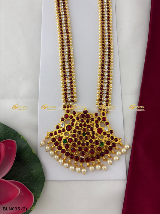 Bharatanatyam Kemp Stone Long Necklace Haram | Classical Dance Jewelry Goldencollections