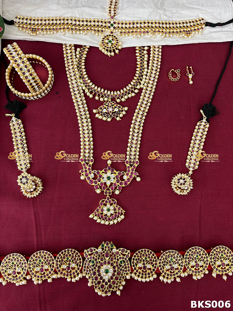 Traditional Bharatanatyam Kemp Temple Jewellery Set with Long Haram, Choker and Vaddanam for Arangetram and Kuchipudi Dance – GoldenCollections