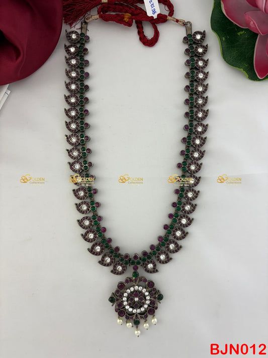 Bharatanatyam Mango Long Haram | Black Kemp Temple Jewellery gOLDENCOLLECTONS