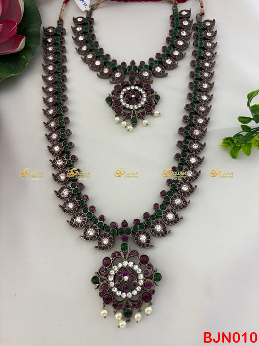 Bharatanatyam Mango Long & Short Necklace Set with Round Pendant | Black Kemp Temple Jewellery BJN010