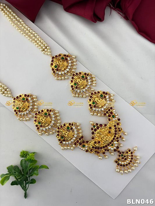 Bharatanatyam Pearl Long Haram with Kemp stones and Lakshmi pendants Goldencollections