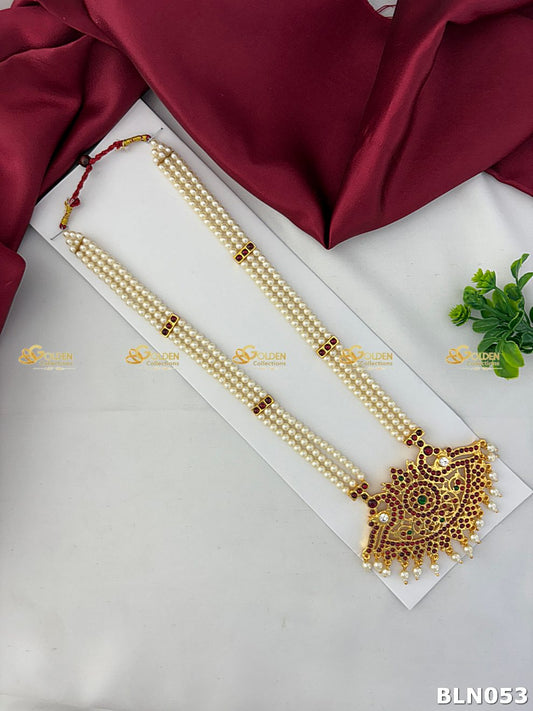 Bharatanatyam pearl long haram with kemp pendant ruby green stones temple jewellery