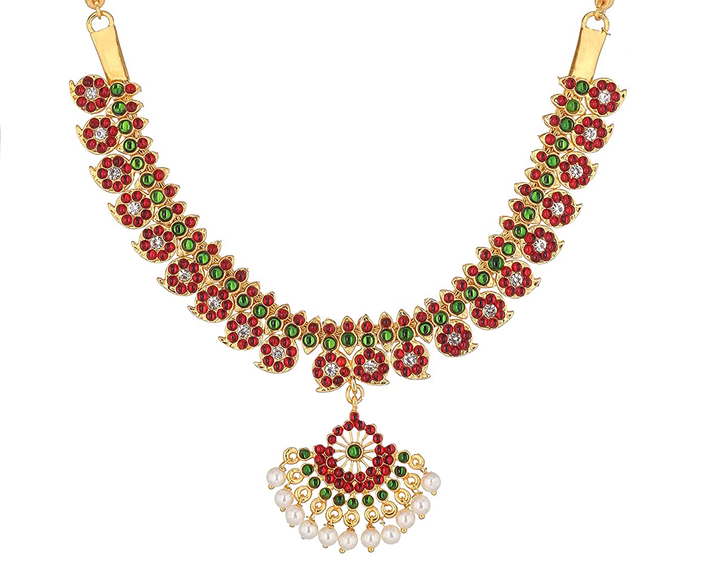 Bharatanatyam short necklace with red, green and clear stones with white pearl drops