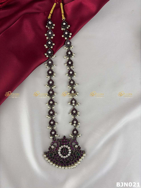 Black Kemp Bharatanatyam Long Haram with Pearls | Temple Jewellery Necklace