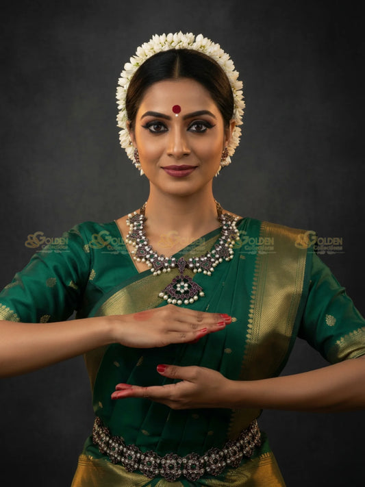 Golden Collections Black Kemp Floral Short Necklace - Model in Bharatanatyam temple jewelry, green silk saree
