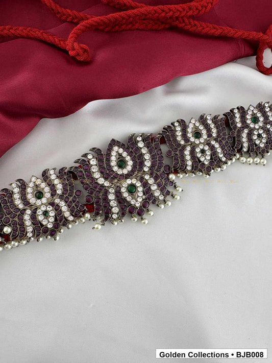 angled product view of Black kemp floral vaddanam oddiyanam with green stones from Golden Collections