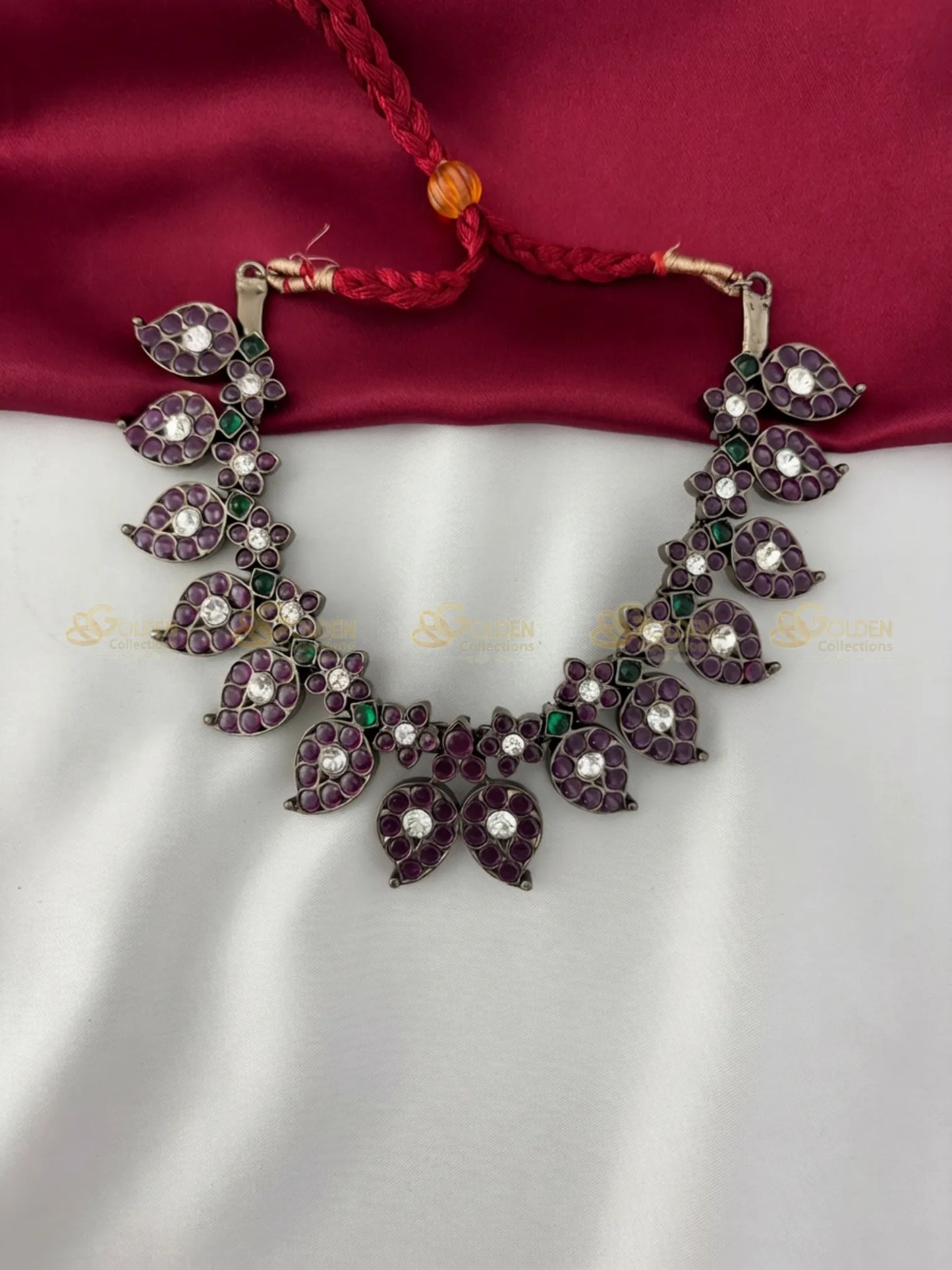 Golden Collections Black Kemp Short Necklace - Detailed view highlighting the antique silver-look finish and individual hand-set white stones.