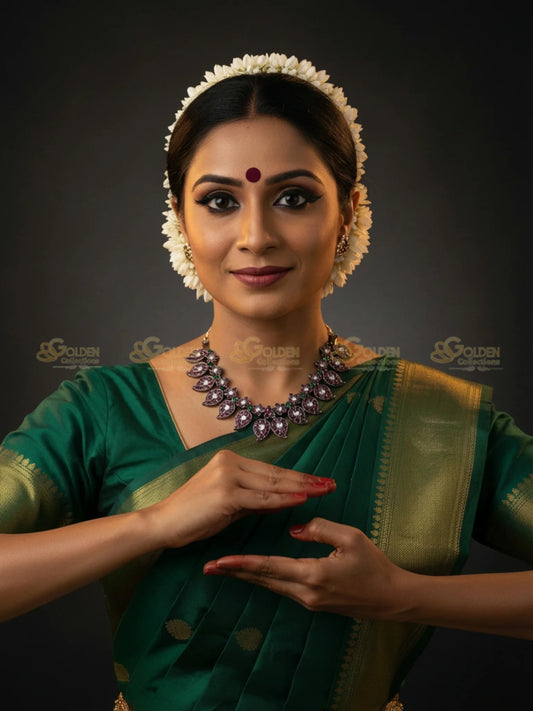 Golden Collections Black Kemp Short Necklace - Model wearing traditional temple jewelry with green silk saree.