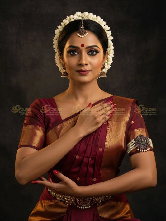Golden Collections Black Kemp Bajuband - Model wearing temple jewelry with traditional Bharatanatyam saree.