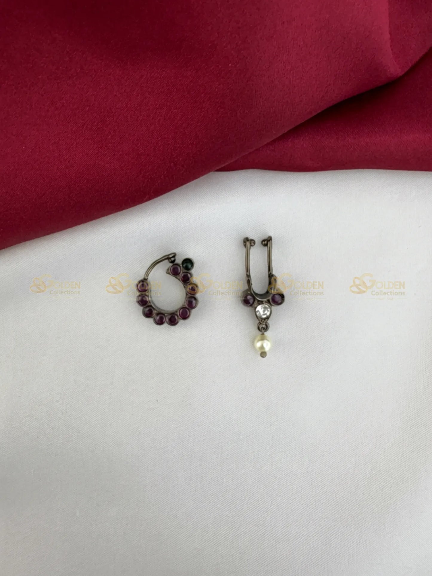 Golden Collections Black Kemp Nose Rings Nath Bullaki - Detailed view highlighting the rich ruby kemp stones in the circular nath and the delicate pearl drop on the bullaki.