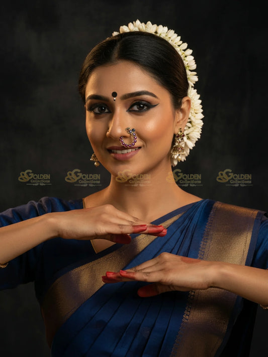 Golden Collections Gold Plated Black Kemp Nose Ring - Model with Bharatanatyam temple jewelry and jasmine flowers.