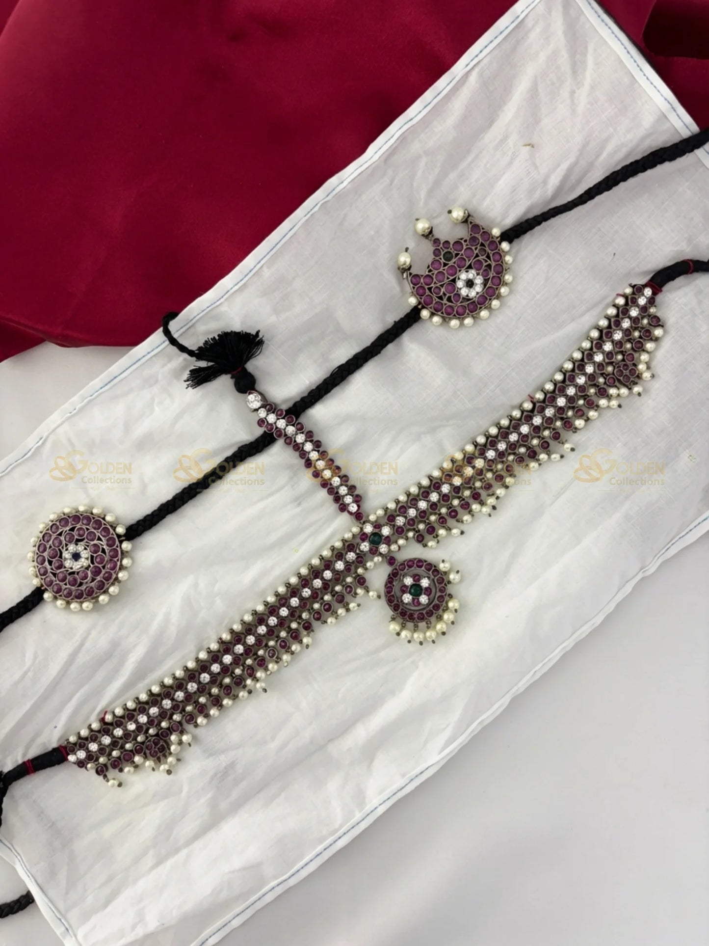 Golden Collections Black Kemp Stone Ruby Bead Head Set - Side view revealing the crescent and circular motifs adorned with genuine pearls and kemp stones.
