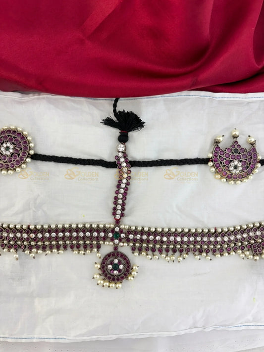 Golden Collections Black Kemp Stone Ruby Bead Head Set - Top view showcasing the intricate ruby kemp stones and pearl arrangement.