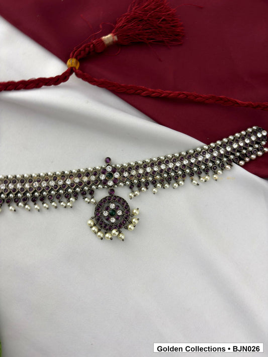 Angled view of Black Kemp Short Necklace for Bharatanatyam - Style 1 from Golden Collections