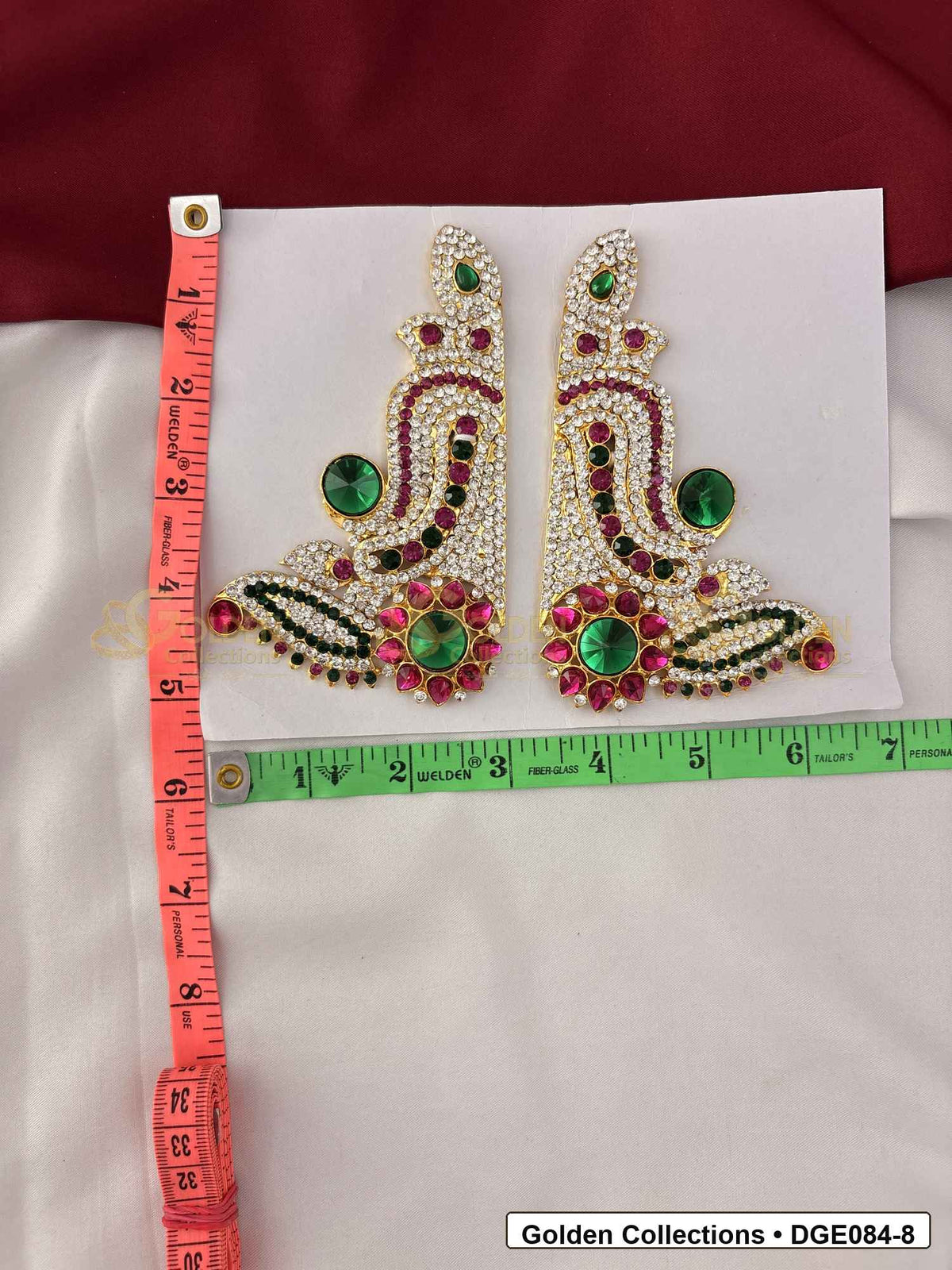 Measurement photo showing 13 Cms curved karna pathakam deity earrings for idol alankaram for deity idol alankaram