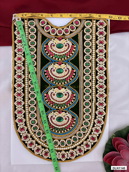 Measurement photo showing 15 x 10 Inches deity chest long haram with measuring tape for idol alankaram