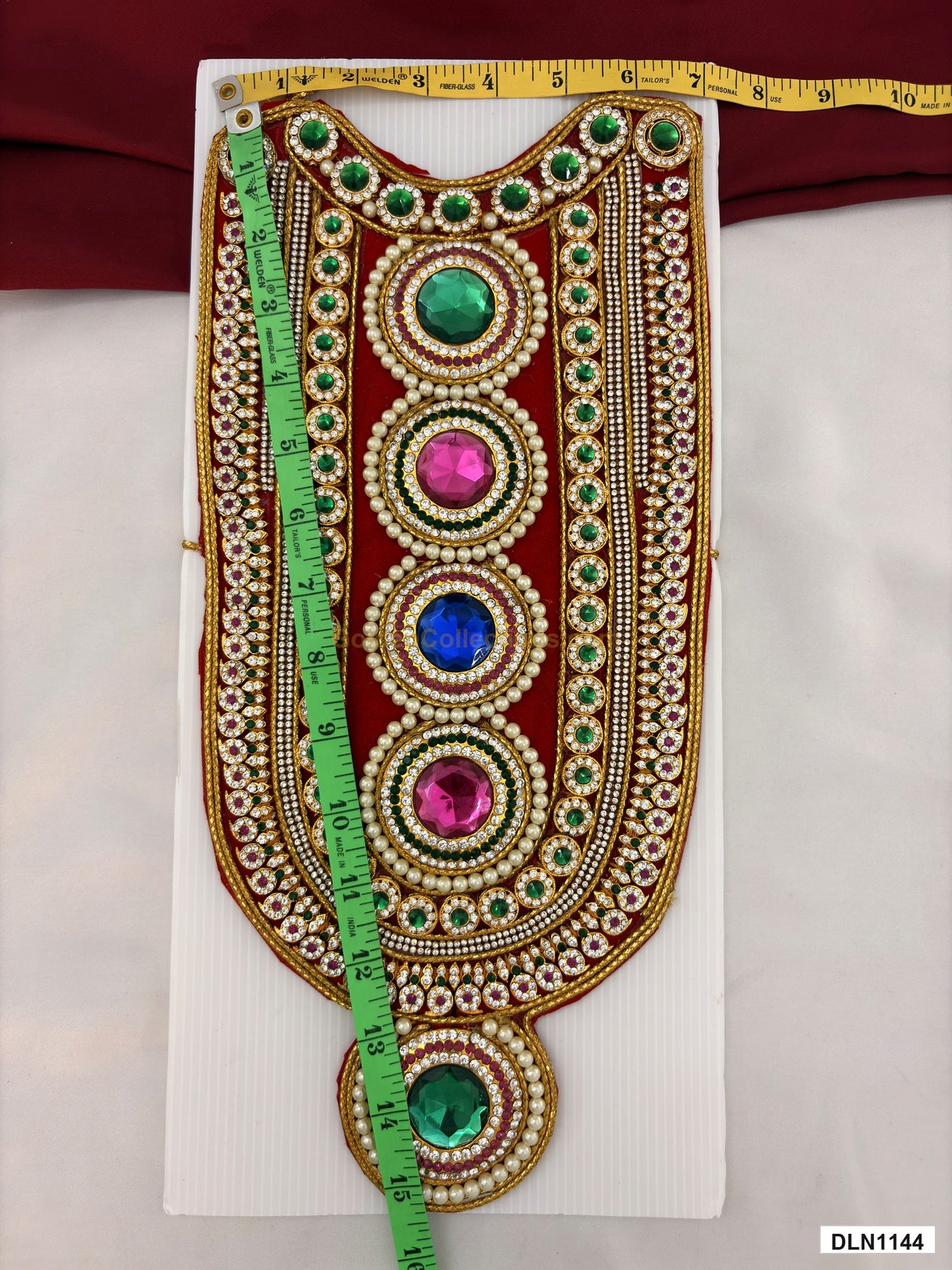 Measurement photo showing 15 x 7 Inches deity chest long haram with measuring tape for idol alankaram