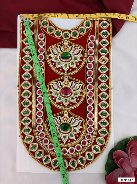 Measurement photo showing 15 x 9 Inches deity chest long haram with measuring tape for idol alankaram