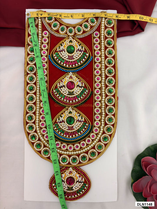 Measurement photo showing 16 x 8 Inches deity chest long haram with measuring tape for idol alankaram