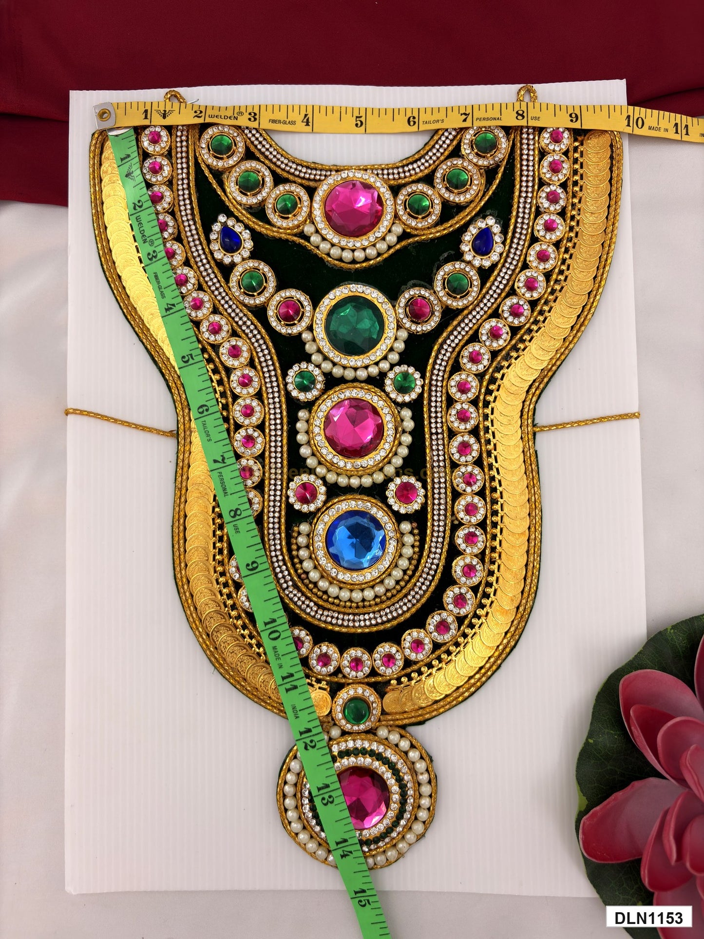 Measurement photo showing 14 x 10 Inches deity chest long haram with measuring tape for idol alankaram