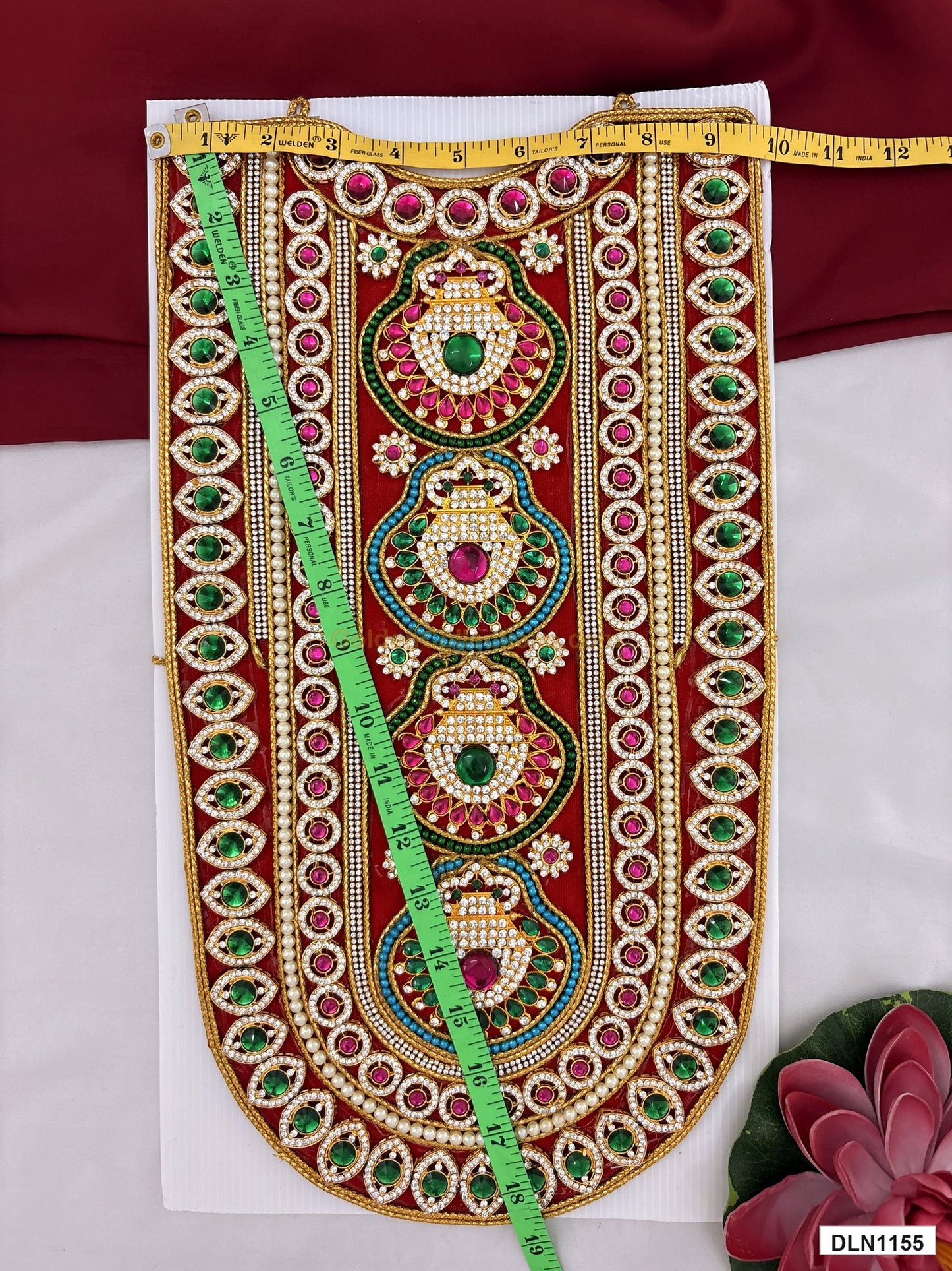 Measurement photo showing 18 x 9 Inches deity chest long haram with measuring tape for idol alankaram